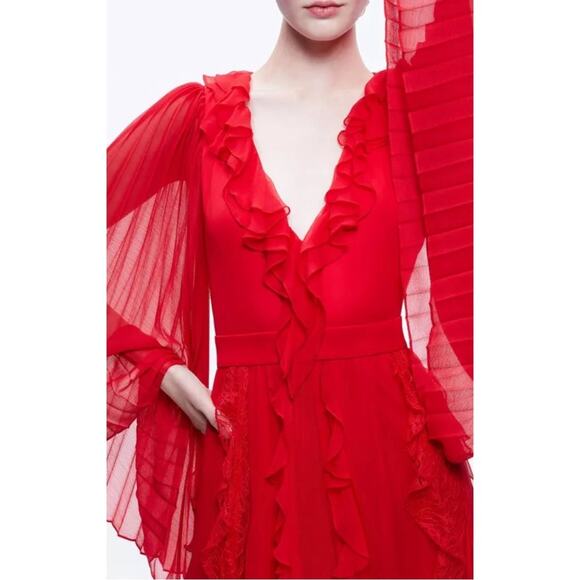 Alice+ Olivia Day Sunburst Red Pleated Sleeve Ruffle Tiered Maxi Dress Size 0 - Picture 2 of 16